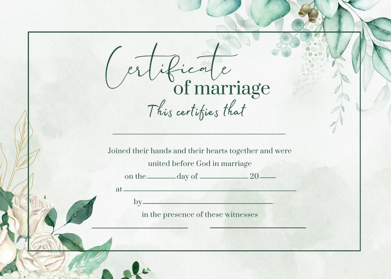 Eucalyptus and Rose Wedding Certificate (pack of 10)