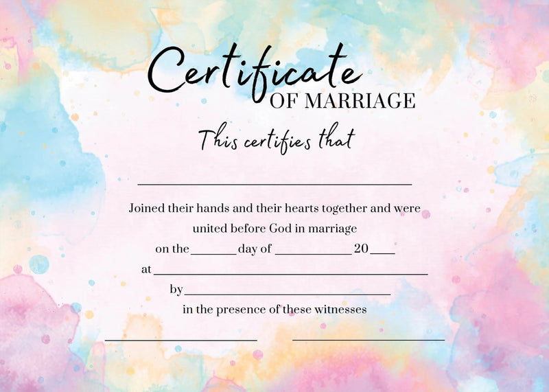 Watercolour Rainbow Marriage Certificate (pack of 10)