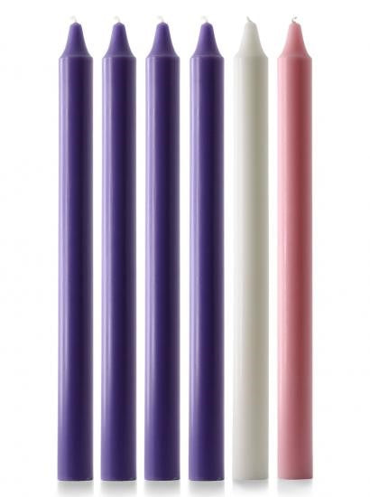 Advent Candle Set 15" x 1 1/8"- 4 Purple, 1 Pink, 1 White